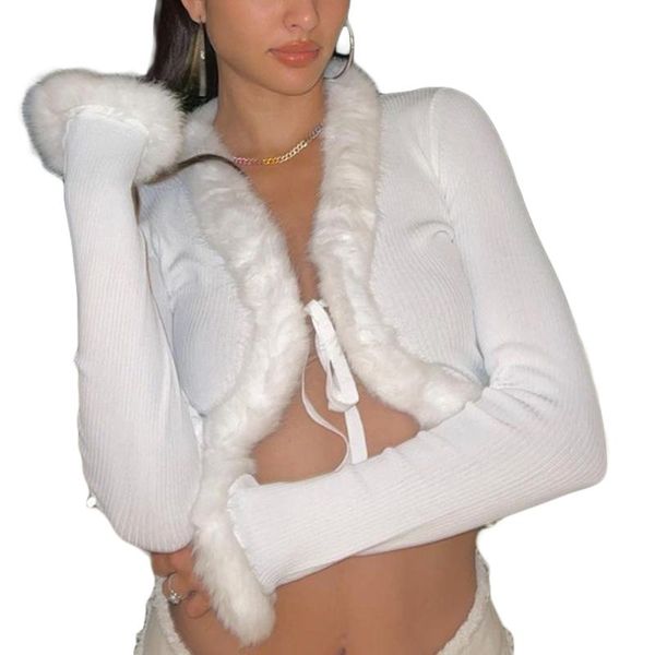 women's knits & tees lace-up cropped long-sleeved frayed blouse for autumn winter solid color v-neck fur-trimmed cardigan top, White
women's knits & tees lace-up cropped long-sleeved frayed blouse for autumn winter solid color v-neck fur-trimmed cardigan top, White