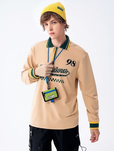 men letter & checker print striped trim polo shirt r3hy#, White;black 
men letter & checker print striped trim polo shirt r3hy#, White;black