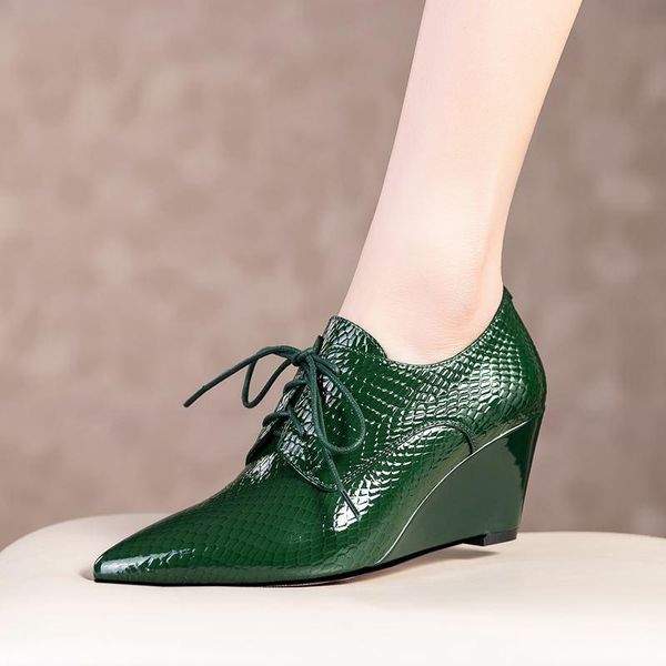dress shoes pointed toe real genuine leather high heels wedges heel green lace-up fashion women, Black
dress shoes pointed toe real genuine leather high heels wedges heel green lace-up fashion women, Black