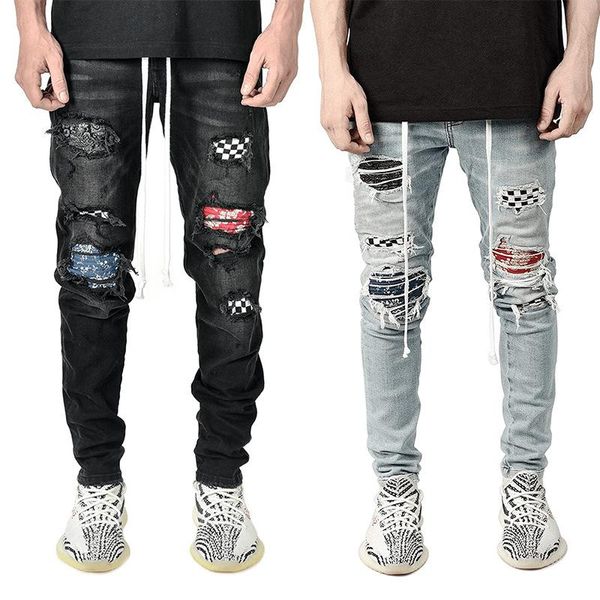 men's jeans mens quilted embroidered skinny ripped grid stretch denim pants man elastic waist patchwork jogging trousers, Blue
men's jeans mens quilted embroidered skinny ripped grid stretch denim pants man elastic waist patchwork jogging trousers, Blue