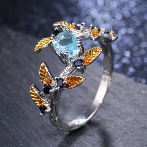 cluster rings modyle exquisite blue zircon gold color leaves for women shiny fashion silver ring valentine day accessories charm 3mm, Golden;silver 
cluster rings modyle exquisite blue zircon gold color leaves for women shiny fashion silver ring valentine day accessories charm 3mm, Golden;silver
