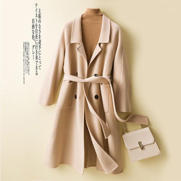 women's wool & blends autumn and winter 2021 korean double-sided tweed coat solid color medium long loose windbreaker, Black
women's wool & blends autumn and winter 2021 korean double-sided tweed coat solid color medium long loose windbreaker, Black
