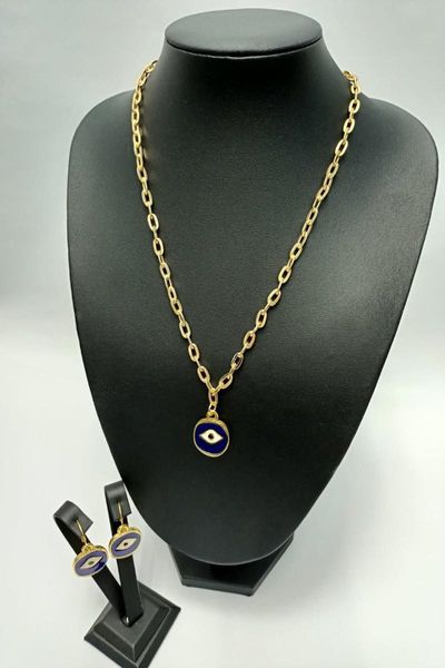 earrings & necklace women's fashion jewelry gold plated round eye and dual sets navy blue, Silver 
earrings & necklace women's fashion jewelry gold plated round eye and dual sets navy blue, Silver