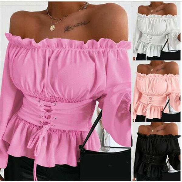 women's blouses & shirts 2021 summer fashion sweet lovely blouse women slash neck dew shoulder falbala bandage solid long sleeve sl, White
women's blouses & shirts 2021 summer fashion sweet lovely blouse women slash neck dew shoulder falbala bandage solid long sleeve sl, White