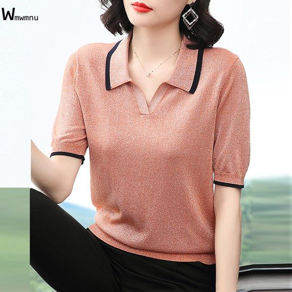 women's t-shirt women plus size knitwear casual summer loose solid tees female turn-down collar bright silk knitted short sleeve, White
women's t-shirt women plus size knitwear casual summer loose solid tees female turn-down collar bright silk knitted short sleeve, White