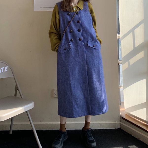 2021 new thick woolen women winter vintage double-breasted buttons female o-neck sleeveless long es denim blue 021q, Black;gray
2021 new thick woolen women winter vintage double-breasted buttons female o-neck sleeveless long es denim blue 021q, Black;gray