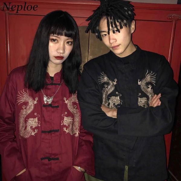 women's blouses & shirts neploe vintage stand neck 2021 women men shirt dragon embroidery chinese style blouse long sleeve blusas 3785, White 
women's blouses & shirts neploe vintage stand neck 2021 women men shirt dragon embroidery chinese style blouse long sleeve blusas 3785, White