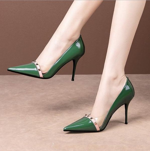 patent leather heels shoes pointed toe rivet super high heels green pumps women dress shoes stilettos fashion single, Black
patent leather heels shoes pointed toe rivet super high heels green pumps women dress shoes stilettos fashion single, Black