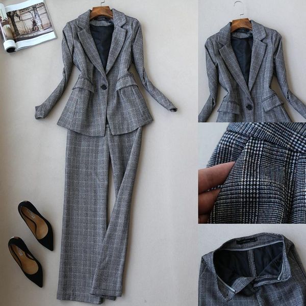 women's two piece pants finer choi's office lady fashion grey plaid long sleeve suit blazer and wide leg full-length trousers one, White
women's two piece pants finer choi's office lady fashion grey plaid long sleeve suit blazer and wide leg full-length trousers one, White