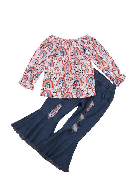 clothing sets kids girl two piece set infant's rainbow pattern elastic collar long sleeve shirt worn out jeans flared pants for childre, White
clothing sets kids girl two piece set infant's rainbow pattern elastic collar long sleeve shirt worn out jeans flared pants for childre, White