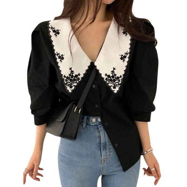missky summer women shirt white black color retro lapel embroidery shirt single breasted loose puff sleeve for female
missky summer women shirt white black color retro lapel embroidery shirt single breasted loose puff sleeve for female