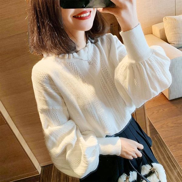 women's sweaters t-shirt chic pullover 2021 ear edge lantern sleeve loose cover meat, wear sweater in autumn and winter, White;black
women's sweaters t-shirt chic pullover 2021 ear edge lantern sleeve loose cover meat, wear sweater in autumn and winter, White;black