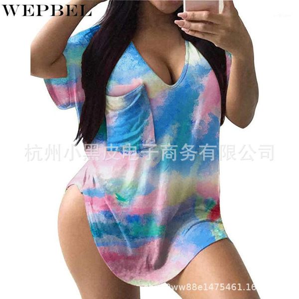 long t-shirt summer fashion v-neck short sleeve split irregular women's tie-dye printed loose, White
long t-shirt summer fashion v-neck short sleeve split irregular women's tie-dye printed loose, White