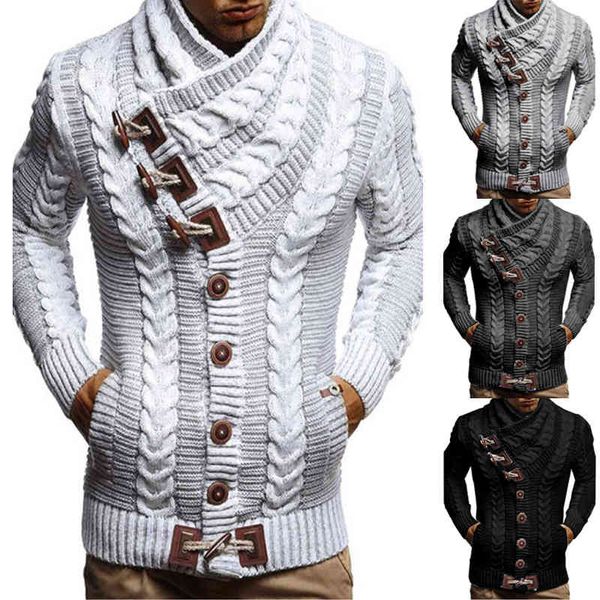 2021 autumn winter european and american new men's high collar ox horn leather button knitted cardigan sweater, Black;white
2021 autumn winter european and american new men's high collar ox horn leather button knitted cardigan sweater, Black;white