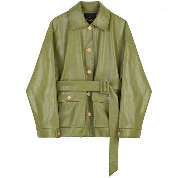 women's cool fashion turn down collar army green color sashes pu leather coat casacos sm & faux, Black
women's cool fashion turn down collar army green color sashes pu leather coat casacos sm & faux, Black