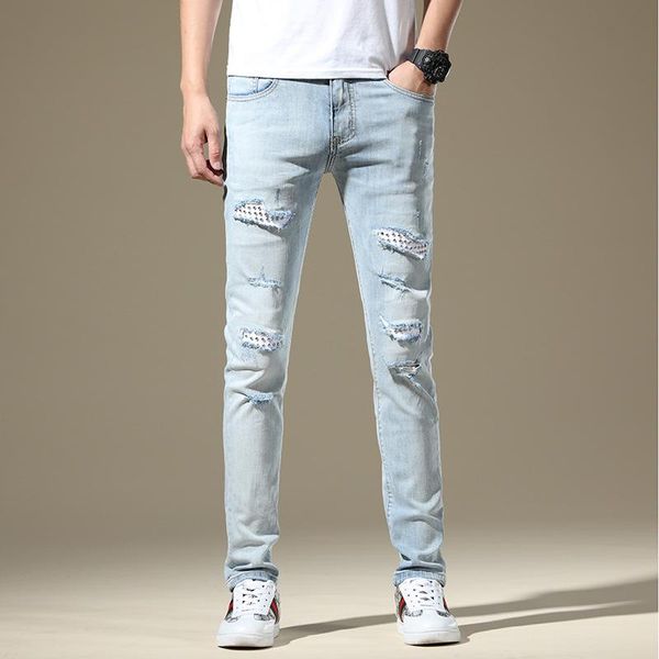 men's jeans summer hole patch paste cloth fashion brand slim feet beggars pants thin, Blue
men's jeans summer hole patch paste cloth fashion brand slim feet beggars pants thin, Blue