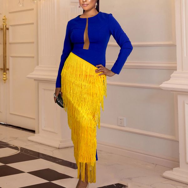 women maxi fringe dress blue yellow tassels patchwork party long sleeve cut out celebrate event tight bodycon prom occasion robes plus size, White;black
women maxi fringe dress blue yellow tassels patchwork party long sleeve cut out celebrate event tight bodycon prom occasion robes plus size, White;black