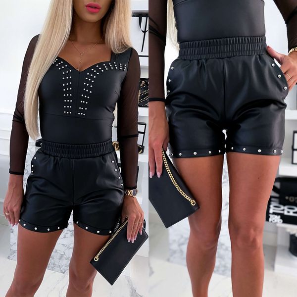 women pu leather shorts rivet high waist solid black elastic waist shorts autumn lady shorts slim female short trousers d25 210306, White;black
women pu leather shorts rivet high waist solid black elastic waist shorts autumn lady shorts slim female short trousers d25 210306, White;black