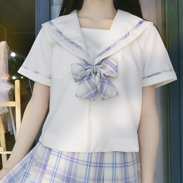 two piece dress sweet jk girl school uniform set: yellow purple plaid pleated skirt + sailor collar t-shirt short sleeve a-line necktie bow, White
two piece dress sweet jk girl school uniform set: yellow purple plaid pleated skirt + sailor collar t-shirt short sleeve a-line necktie bow, White