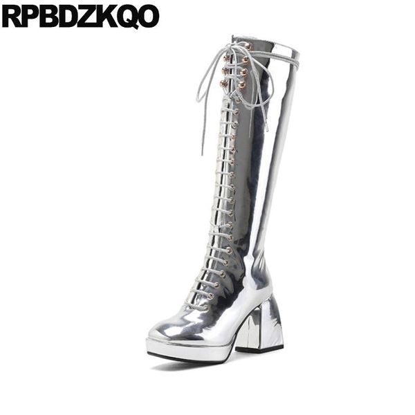 boots big size silver knee high platform chunky holographic heel patent leather lace up square toe waterproof winter women shoes, Black
boots big size silver knee high platform chunky holographic heel patent leather lace up square toe waterproof winter women shoes, Black