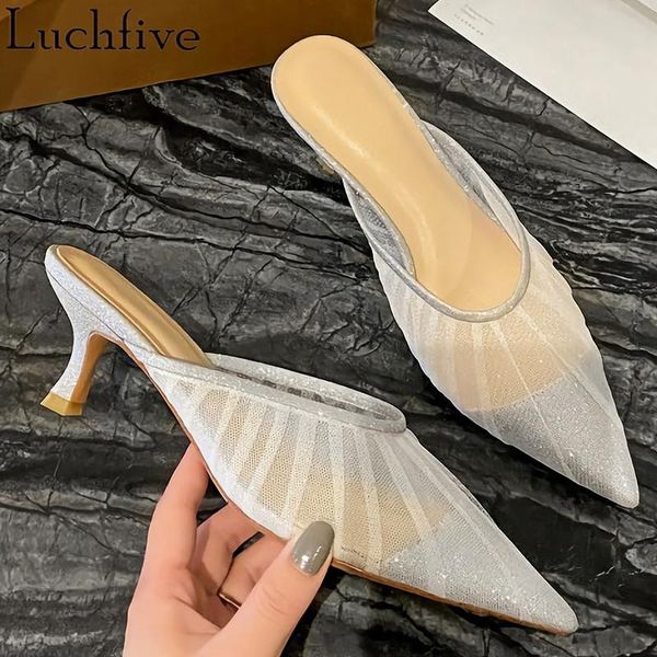 slippers glittering mesh women kitten heels summer slides pointy toe runway outwear silver shoes woman, Black
slippers glittering mesh women kitten heels summer slides pointy toe runway outwear silver shoes woman, Black