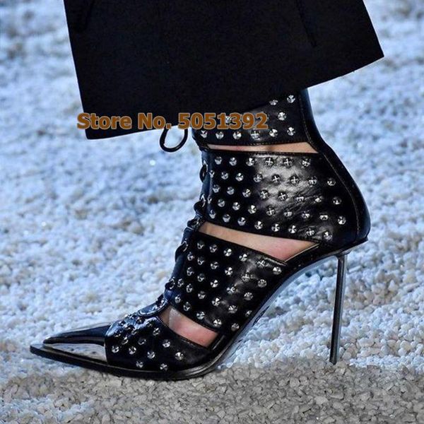 boots women high heel sandals cross tied metal decoration rivets pointed toe cut-out ankle short booties lace-up, Black
boots women high heel sandals cross tied metal decoration rivets pointed toe cut-out ankle short booties lace-up, Black