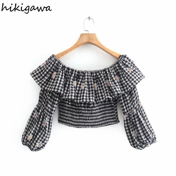 women's blouses & shirts hikigawa summer french pleated slim waist short embroidery plaid korean fashiin slash neck long sleeve blusas, White
women's blouses & shirts hikigawa summer french pleated slim waist short embroidery plaid korean fashiin slash neck long sleeve blusas, White