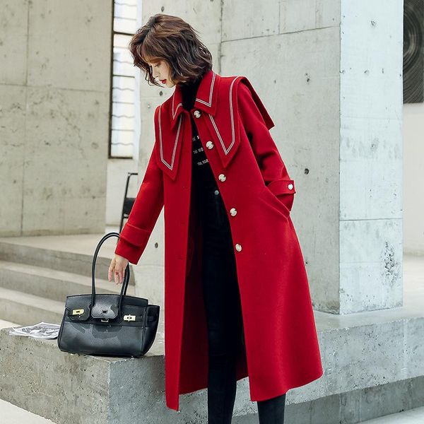 women's wool & blends big red tweed coat long navy collar in autumn and winter, Black
women's wool & blends big red tweed coat long navy collar in autumn and winter, Black