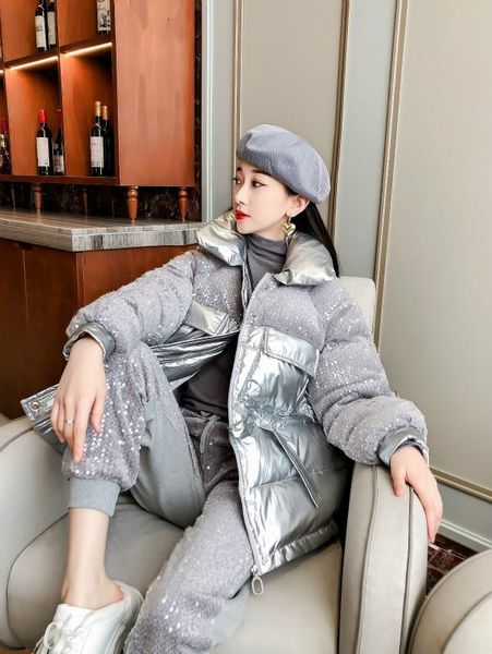 women's two piece pants cotton-padded jacket suit 2021 winter sequins splicing drawstring waist cotton coat+casual two-piece clothing, White
women's two piece pants cotton-padded jacket suit 2021 winter sequins splicing drawstring waist cotton coat+casual two-piece clothing, White