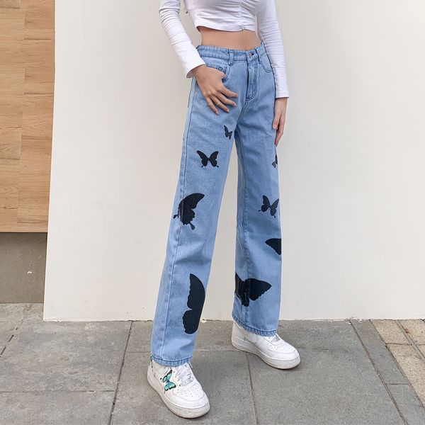 blue butterfly printed straight long jeans pants ladies harajuku high waist denim trousers casual fashion streetwear, Black;white
blue butterfly printed straight long jeans pants ladies harajuku high waist denim trousers casual fashion streetwear, Black;white
