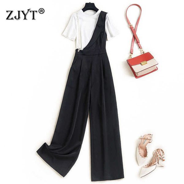 summer office two piece outfits women elegant fashion short sleeve white t-shirt + wide leg overalls pants suit matching set 210601
summer office two piece outfits women elegant fashion short sleeve white t-shirt + wide leg overalls pants suit matching set 210601