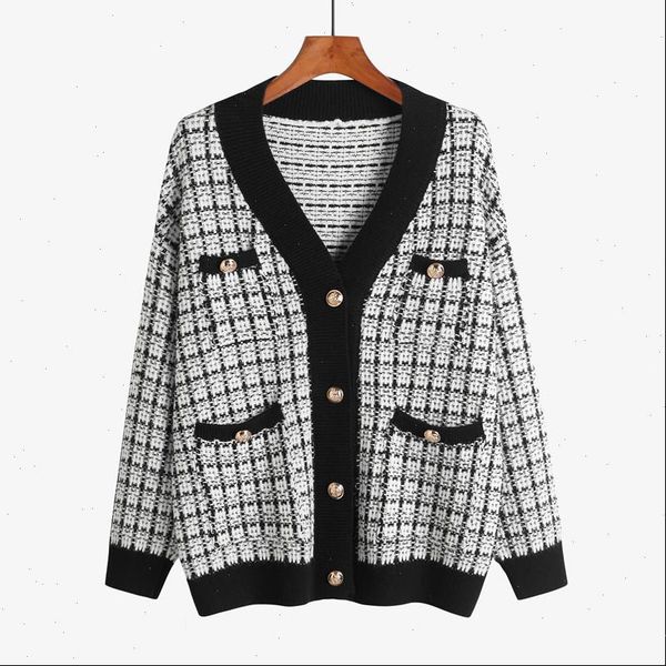 women sweater jacket 2021 oversized knitted cardigans loose plaid jumpers korean clothing robe long coat sueter feminino, White;black 
women sweater jacket 2021 oversized knitted cardigans loose plaid jumpers korean clothing robe long coat sueter feminino, White;black