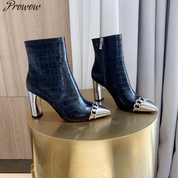 boots prowow autumn women pointed toe ankle round heels metal decoration genuine leather designer shoes, Black
boots prowow autumn women pointed toe ankle round heels metal decoration genuine leather designer shoes, Black