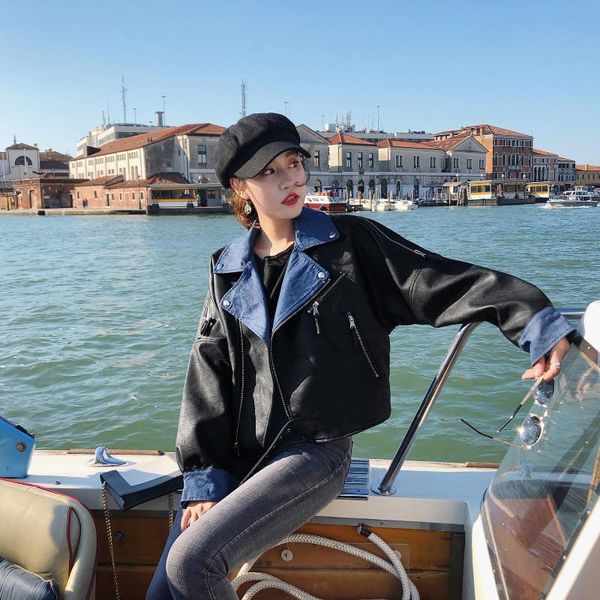 women's leather & faux autumn women short denim splice big lapel jacket korean loose plus size coat chic zip casual female outwear, Black
women's leather & faux autumn women short denim splice big lapel jacket korean loose plus size coat chic zip casual female outwear, Black