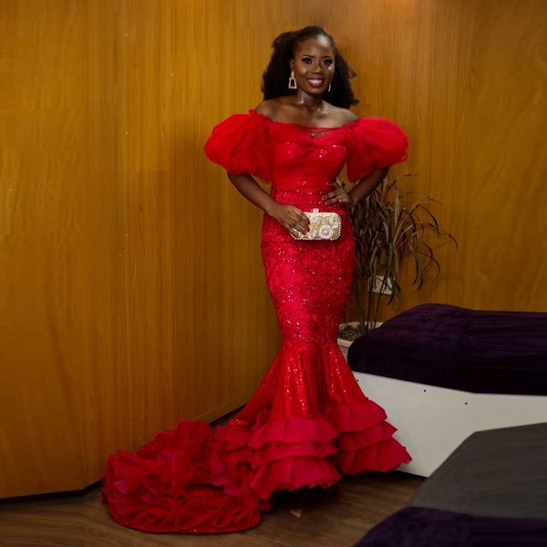 red lace off the shoulder prom dresses aso ebi puffy short sleeves evening gowns south african tiered sweep train party, Black
red lace off the shoulder prom dresses aso ebi puffy short sleeves evening gowns south african tiered sweep train party, Black