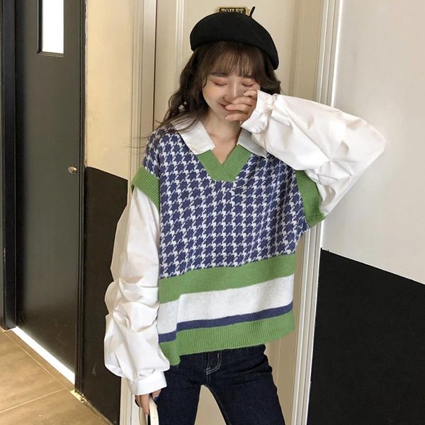 women's blouses & shirts vintage chic hit color fake two piece sweater blusas fashion tide latern long sleeve women autumn knitted woma, White
women's blouses & shirts vintage chic hit color fake two piece sweater blusas fashion tide latern long sleeve women autumn knitted woma, White