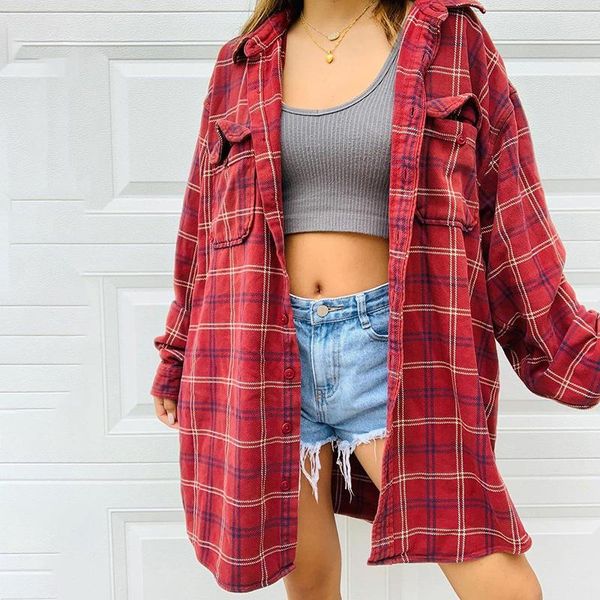 women's t-shirt two-color button-down shirt for women casual long-sleeved loose-collar plaid print with pockets daily wear, White
women's t-shirt two-color button-down shirt for women casual long-sleeved loose-collar plaid print with pockets daily wear, White