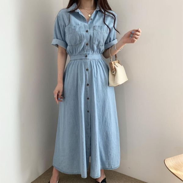 casual dresses women denim summer dress short sleeve slim jeans retro backless ladies vestidos robe femme jurken zomer 2021, Black;gray 
casual dresses women denim summer dress short sleeve slim jeans retro backless ladies vestidos robe femme jurken zomer 2021, Black;gray