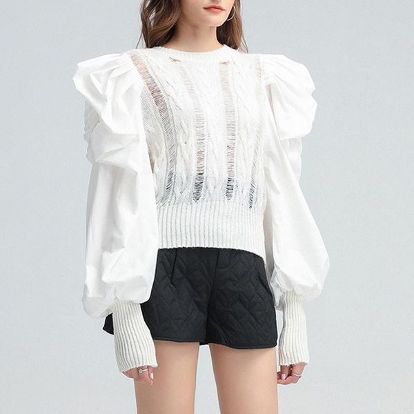 fannic solid color lantern sleeve sweater for women 2021 winter fashion ruched hollow out round neck knitted sweater, White;black
fannic solid color lantern sleeve sweater for women 2021 winter fashion ruched hollow out round neck knitted sweater, White;black