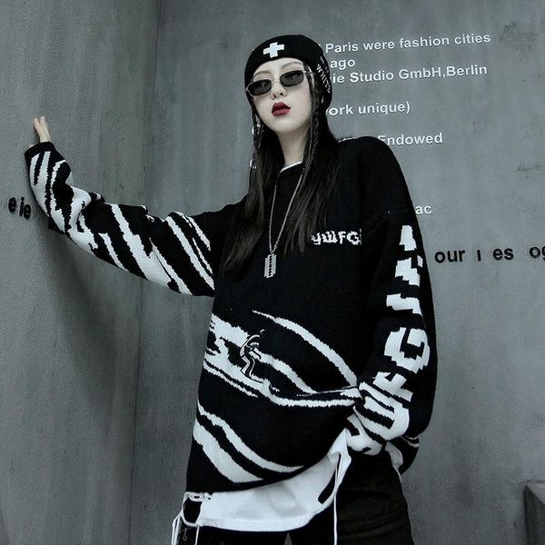 women's sweaters deeptown gothic print sweater women hippie oversized black o-neck knitted jumper female autumn long sleeve streetwear, White;black
women's sweaters deeptown gothic print sweater women hippie oversized black o-neck knitted jumper female autumn long sleeve streetwear, White;black