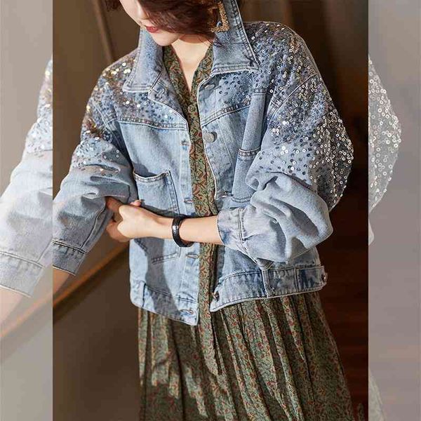 women's jackets sequin mode denim female jacket short shorter korean thin pearl 5peo, Black;brown
women's jackets sequin mode denim female jacket short shorter korean thin pearl 5peo, Black;brown