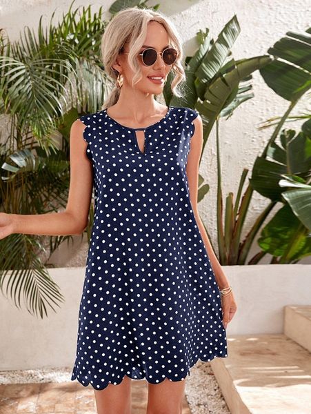 polka dot scallop trim dress r1hi#, Black;gray