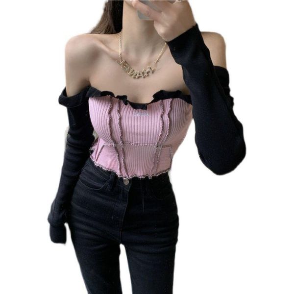 women's t-shirt one line shoulder feeling sweet and cool, slim fitting knitting with long sleeve spring short girl, White
women's t-shirt one line shoulder feeling sweet and cool, slim fitting knitting with long sleeve spring short girl, White