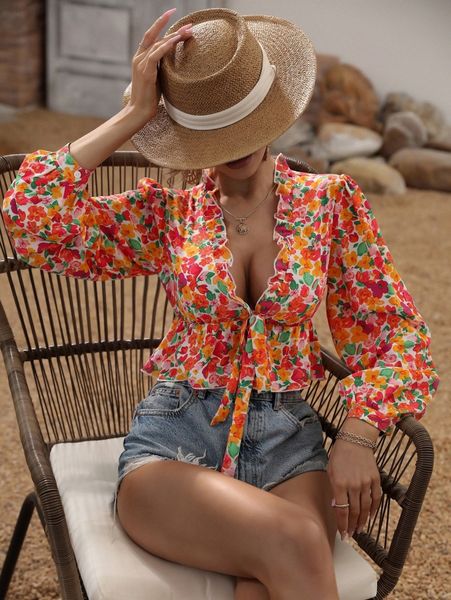 allover floral print frill plunging neck lantern sleeve knot front peplum 27nn#, White
allover floral print frill plunging neck lantern sleeve knot front peplum 27nn#, White