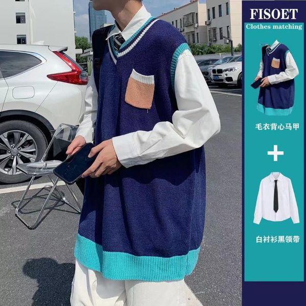 men's vests 2021 fashion trend coat college style v-neck knitting student sleeveless vest loose sweater blue/white color pullover, Black;white
men's vests 2021 fashion trend coat college style v-neck knitting student sleeveless vest loose sweater blue/white color pullover, Black;white
