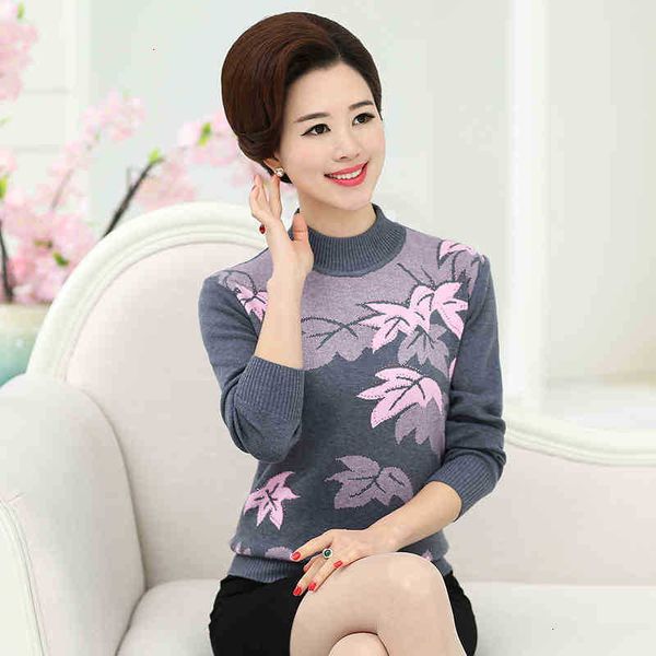 women's knits & tees middle aged women sweater and pullovers autumn winter knitted sweatrers female turtleneck leaves printed iold, White 
women's knits & tees middle aged women sweater and pullovers autumn winter knitted sweatrers female turtleneck leaves printed iold, White