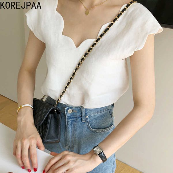 korejpaa women shirt summer korean chic girls age-reducing wild thin v-neck lace design solid color flying sleeve blouses 210526, White
korejpaa women shirt summer korean chic girls age-reducing wild thin v-neck lace design solid color flying sleeve blouses 210526, White