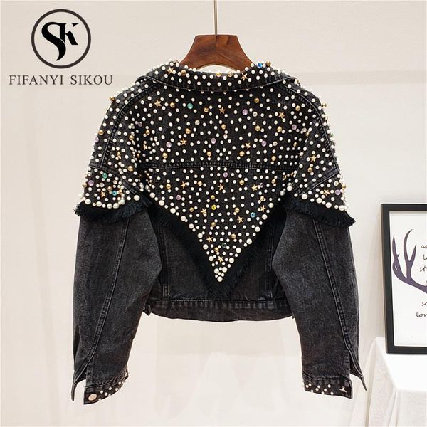 women's jackets streetwear women denim jacket short coat fashion beading diamonds tassel long sleeve jeans female harajuku, Black;brown
women's jackets streetwear women denim jacket short coat fashion beading diamonds tassel long sleeve jeans female harajuku, Black;brown