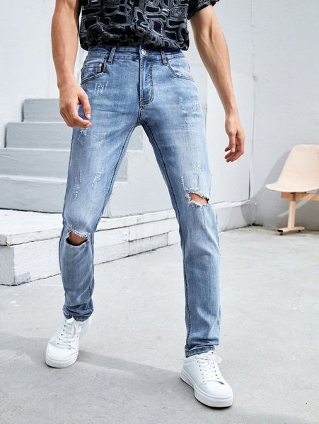 men cat whisker ripped washed jeans k9fj#, Blue 
men cat whisker ripped washed jeans k9fj#, Blue