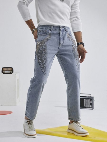 men rhinestone patched straight leg jeans v1p1#, Blue
men rhinestone patched straight leg jeans v1p1#, Blue